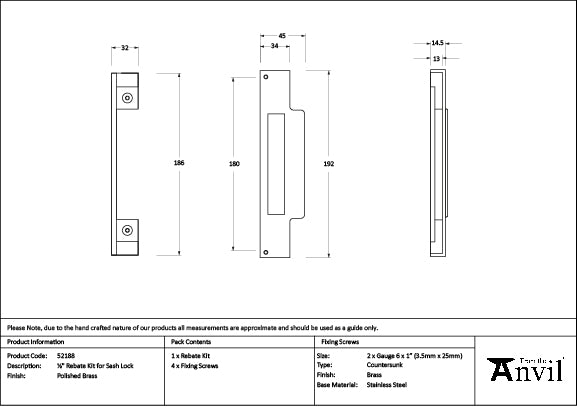 Polished Brass ½" Rebate Kit for Sash Lock
