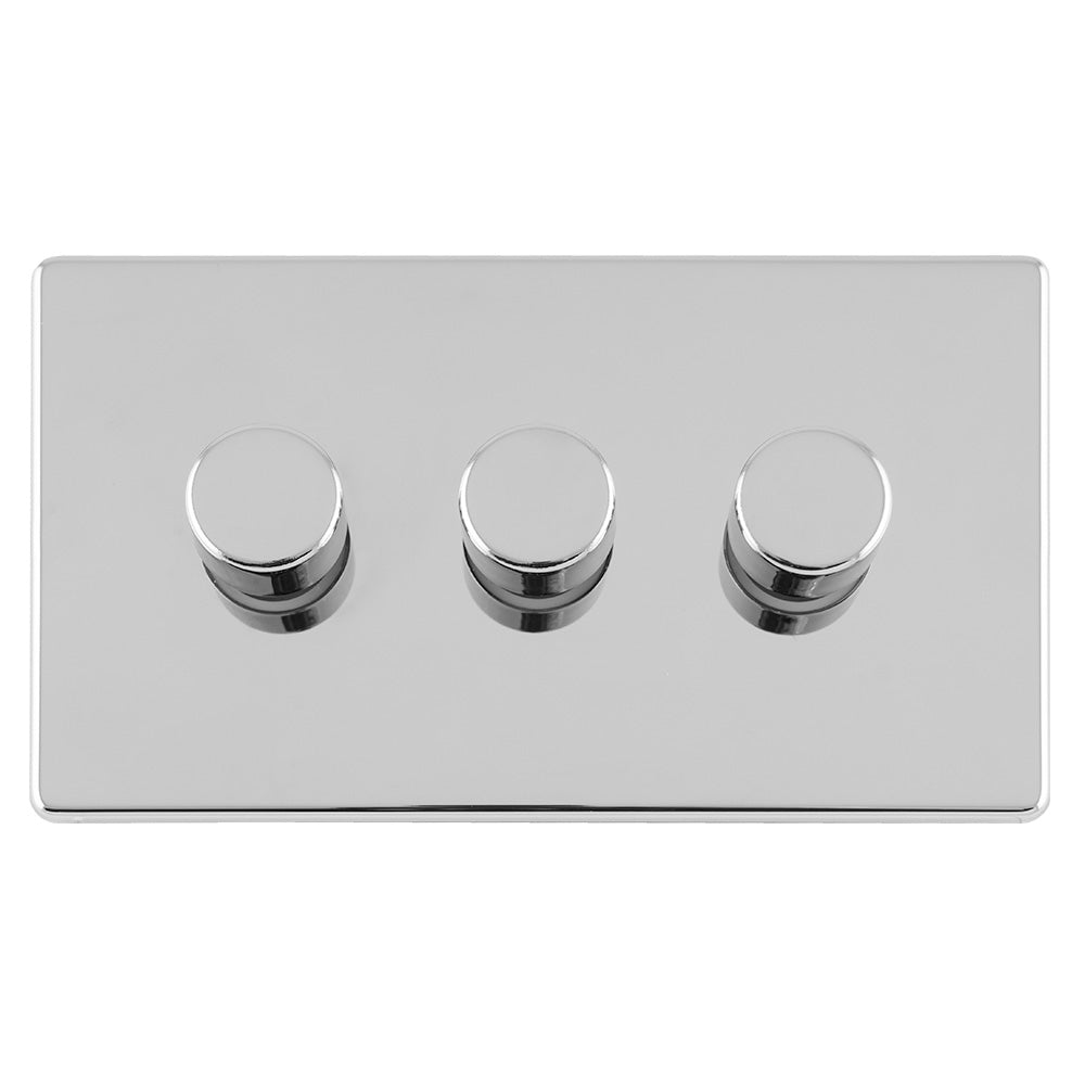 Concealed 3mm 3 Gang Led Push On Off 2Way Dimmer - Polished Chrome