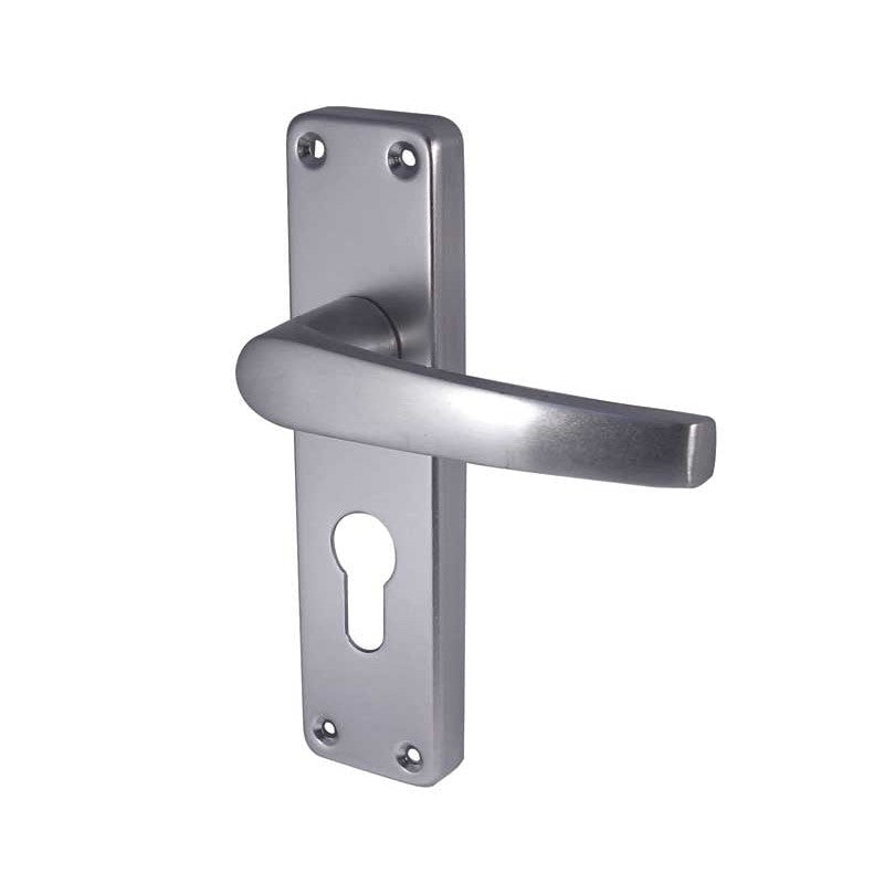 Contract Door Handle on Euro Profile Lockplate Satin Anodised Aluminium