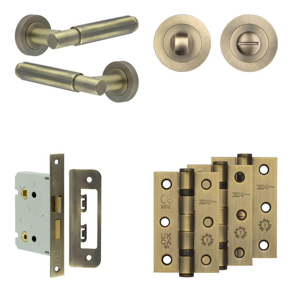 Complete Bloom Door Handle Pack - Bathroom - Antique Brass - 76mm / 3" / Designer Round Turn & Release