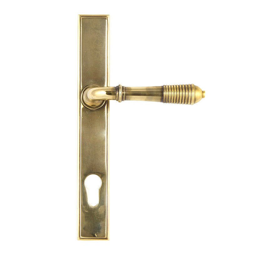 Aged Brass Reeded Slimline Lever Espag. Lock Set