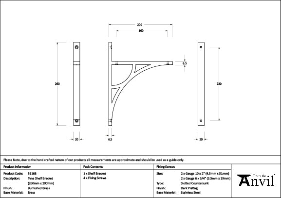 Burnished Brass Tyne Shelf Bracket (260mm x 200mm)