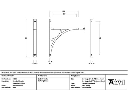 Burnished Brass Tyne Shelf Bracket (260mm x 200mm)