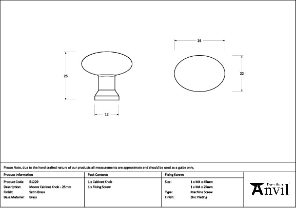 Satin Brass Moore Cabinet Knob - 25mm