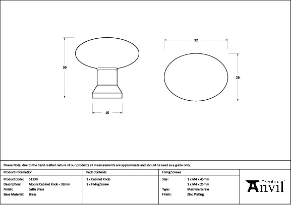 Satin Brass Moore Cabinet Knob - 32mm