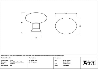 Satin Brass Moore Cabinet Knob - 32mm