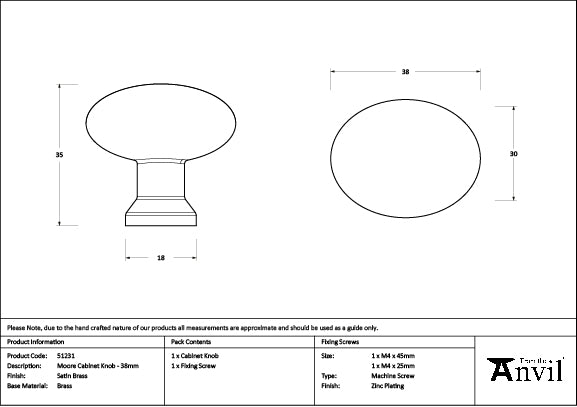 Satin Brass Moore Cabinet Knob - 38mm