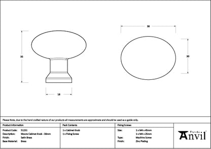 Satin Brass Moore Cabinet Knob - 38mm