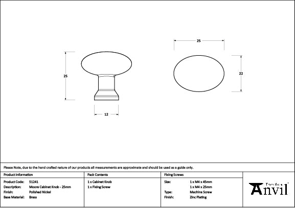 Polished Nickel Moore Cabinet Knob - 25mm