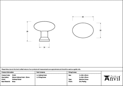 Polished Nickel Moore Cabinet Knob - 25mm