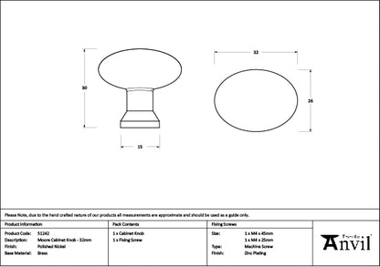 Polished Nickel Moore Cabinet Knob - 32mm