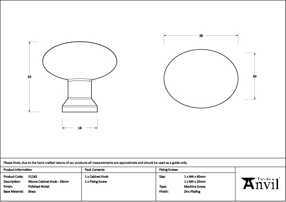 Polished Nickel Moore Cabinet Knob - 38mm