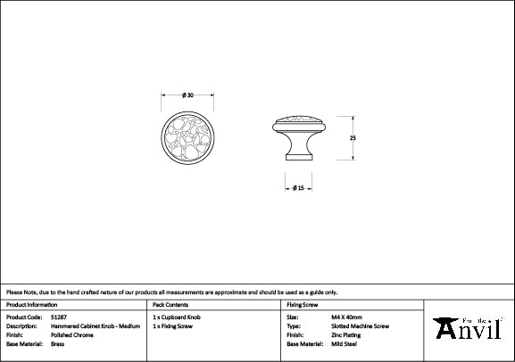 Polished Chrome Hammered Cabinet Knob - Medium