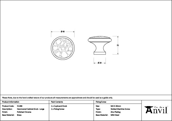 Polished Chrome Hammered Cabinet Knob - Large