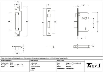 Pewter 2½" 5 Lever BS Sash Lock