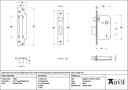 Polished Nickel 2½" 5 Lever BS Sash Lock