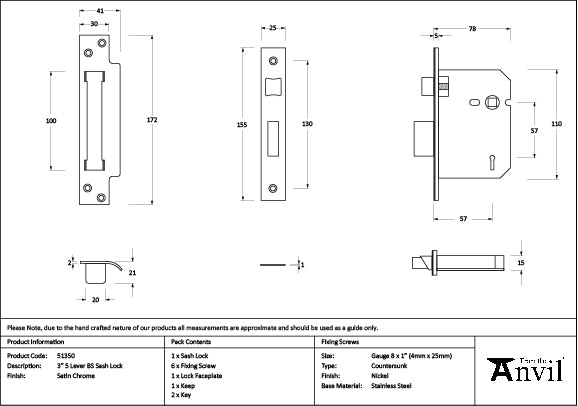 Satin Chrome 3" 5 Lever BS Sash Lock