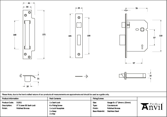 Polished Bronze 3" 5 Lever BS Sash Lock