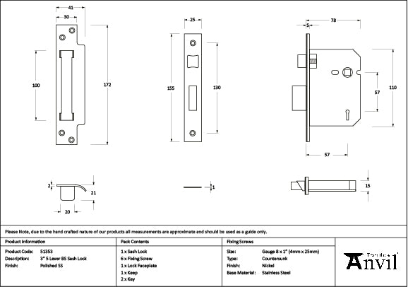 Polished SS 3" 5 Lever BS Sash Lock