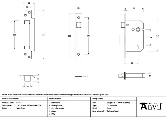 Satin Brass 2½" 5 Lever BS Sash Lock KA