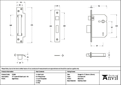 Aged Brass 3" 5 Lever BS Sash Lock KA