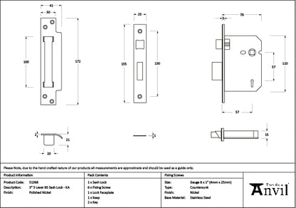 Polished Nickel 3" 5 Lever BS Sash Lock KA