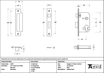 Satin Brass 2½" Euro Profile Sash Lock