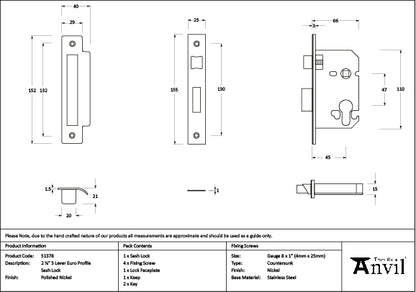 Polished Nickel 2½" Euro Profile Sash Lock