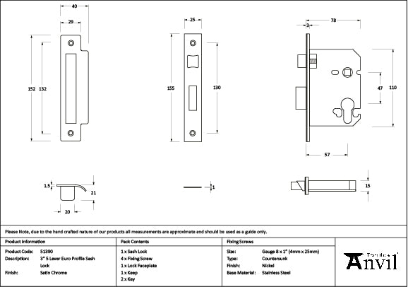 Satin Chrome 3" Euro Profile Sash Lock