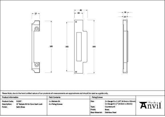 Satin Brass ½" Rebate Kit for Euro Sash Lock