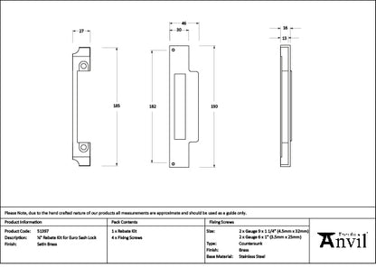 Satin Brass ½" Rebate Kit for Euro Sash Lock