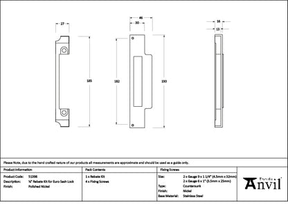 Polished Nickel ½" Rebate Kit for Euro Sash Lock