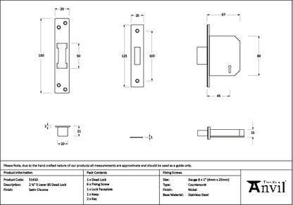 Satin Chrome 2½" 5 Lever BS Dead Lock