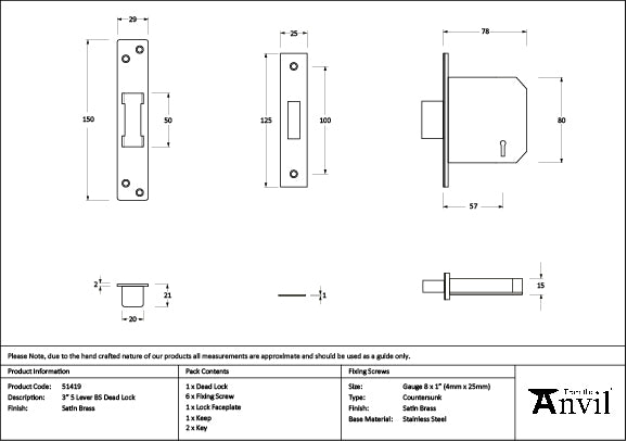 Satin Brass 3" 5 Lever BS Dead Lock