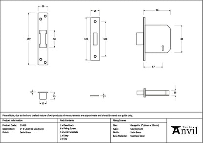 Satin Brass 3" 5 Lever BS Dead Lock