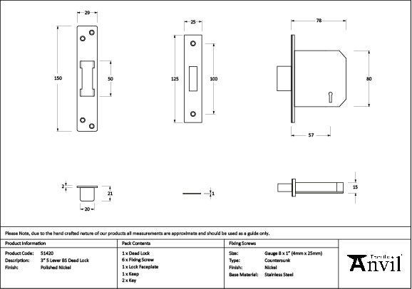 Polished Nickel 3" 5 Lever BS Dead Lock