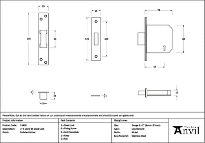 Polished Nickel 3" 5 Lever BS Dead Lock