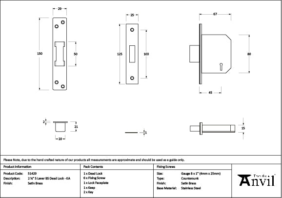 Satin Brass 2½" 5 Lever BS Dead Lock KA