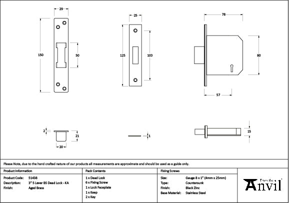 Aged Brass 3" 5 Lever BS Dead Lock KA