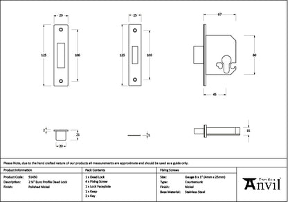 Polished Nickel 2½" Euro Profile Dead Lock