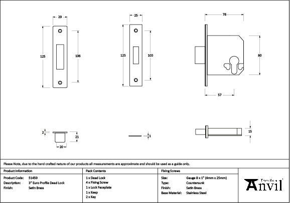 Satin Brass 3" Euro Profile Dead Lock