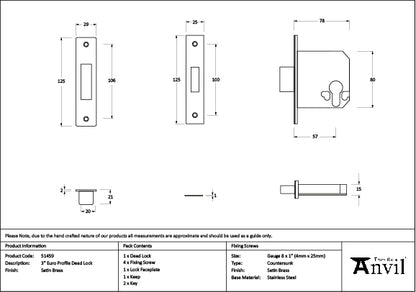 Satin Brass 3" Euro Profile Dead Lock