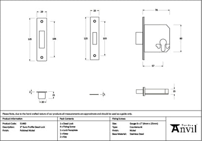 Polished Nickel 3" Euro Profile Dead Lock