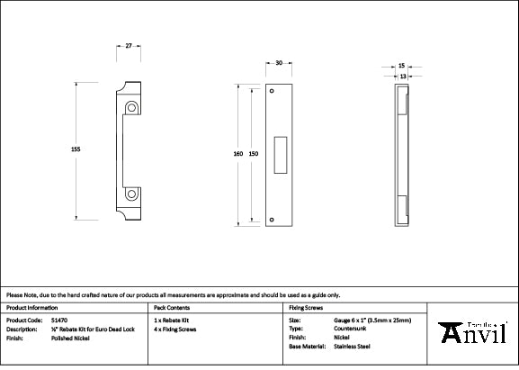 Polished Nickel ½" Rebate Kit for Euro Dead Lock