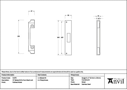 Polished Nickel ½" Rebate Kit for Euro Dead Lock