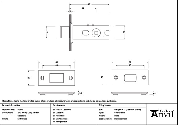 Satin Brass 2½" Heavy Duty Tubular Deadbolt