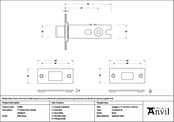 Satin Brass 3" Heavy Duty Tubular Deadbolt