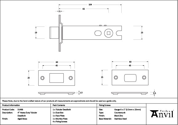 Aged Brass 4" Heavy Duty Tubular Deadbolt