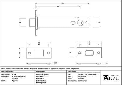Aged Brass 5" Heavy Duty Tubular Deadbolt