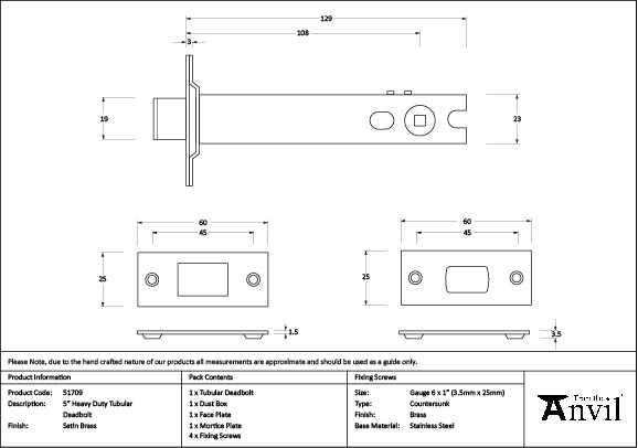 Satin Brass 5" Heavy Duty Tubular Deadbolt